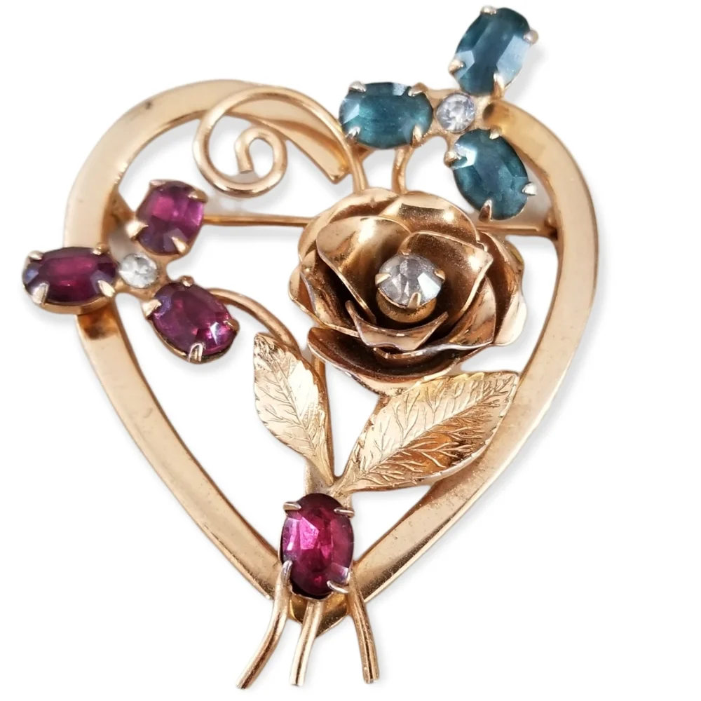 Vintage Signed Coro Gold Tone Heart Brooch Ruby Sapphire Rhinestone